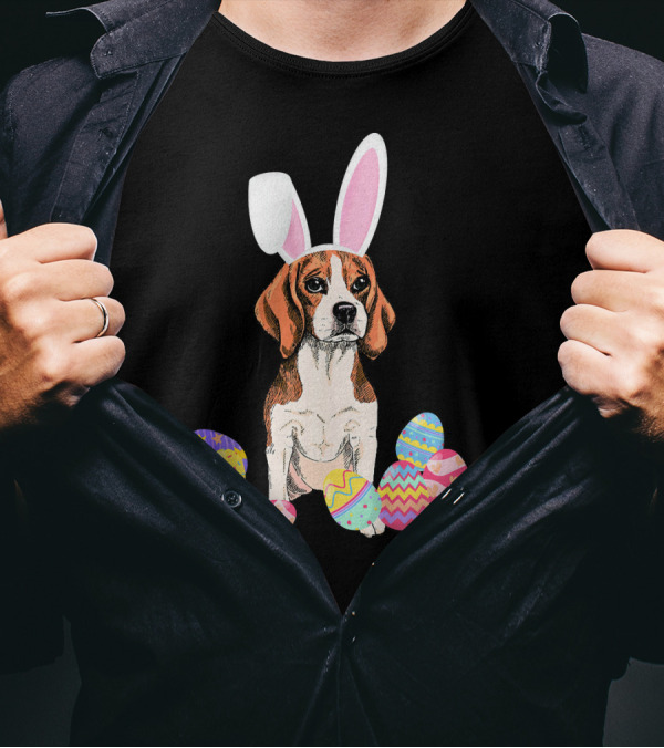 Beagle Wearing Bunny Rabbit Ears Surrounded By Colorful Easter Eggs T-Shirt