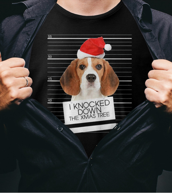 Beagle Dog Santa Hat I Knocked Down The Xmas Tree Mugshot T-Shirt