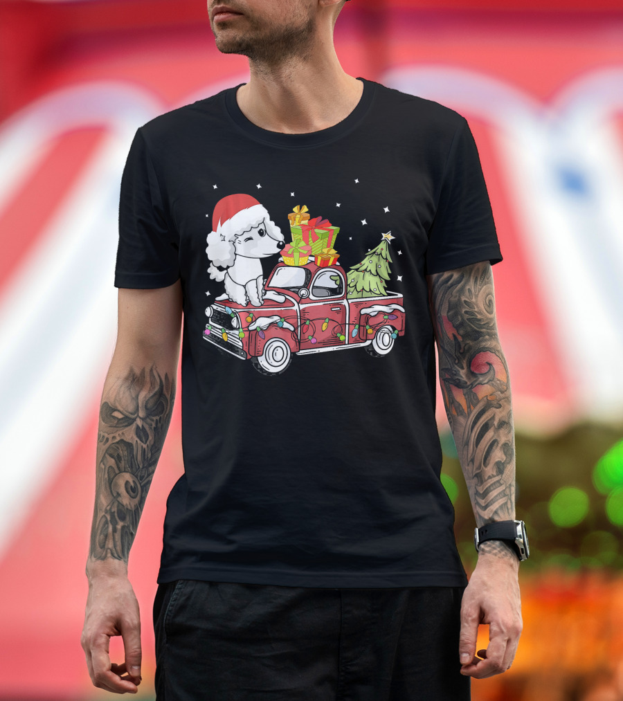 Festive Santa Poodle on Holiday Pickup Truck with Christmas Tree and Gifts T-Shirt