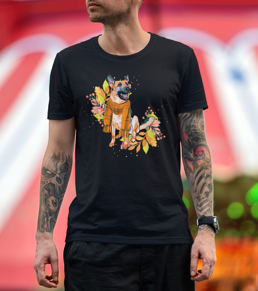 Cute German Shepherd Dog Autumn Leaves Scarf T-Shirt
