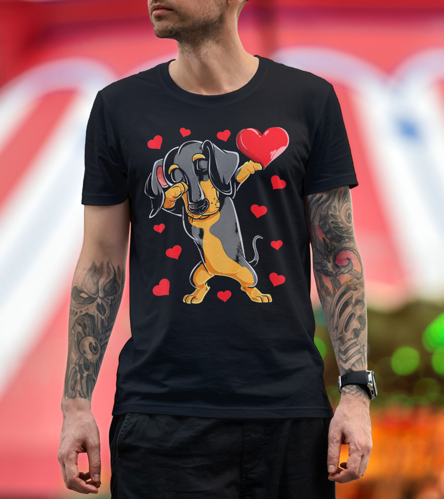 Dabbing Dachshund Holding Heart Surrounded by Valentines Day Hearts T-Shirt