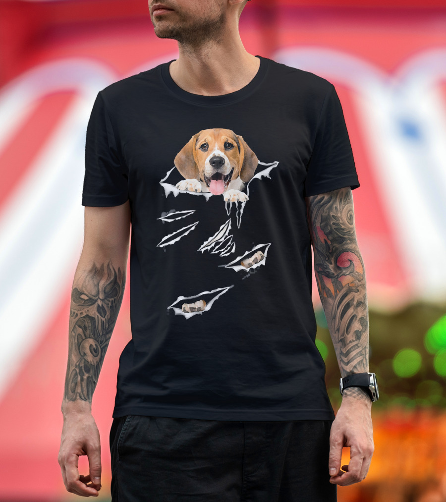Beagle Scratch Torn with Beagle Head and Paw Peeking Through Tear Marks T-Shirt