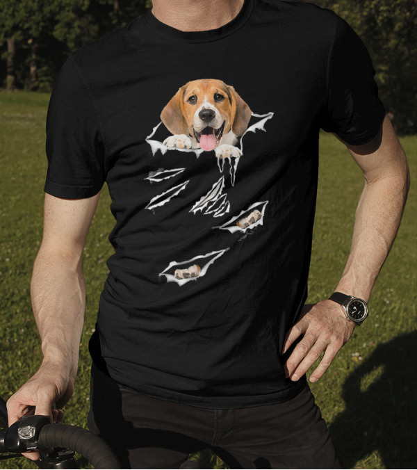 Beagle Scratch Torn With Beagle Head And Paw Peeking Through Tear Marks T-Shirt