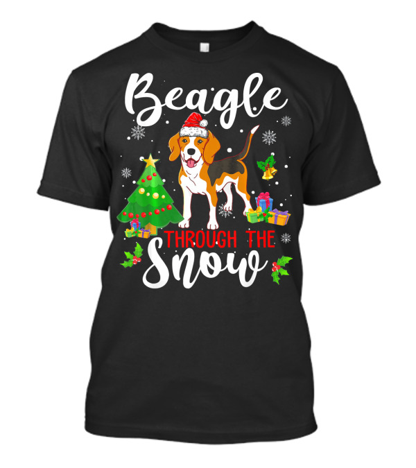 Beagle Through The Snow Funny Beagle Christmas Tree Santa Hat Snowflakes T-Shirt