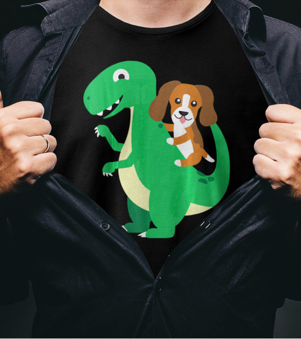 Beagle Riding Cool Rex Dinosaur Dino T-Shirt