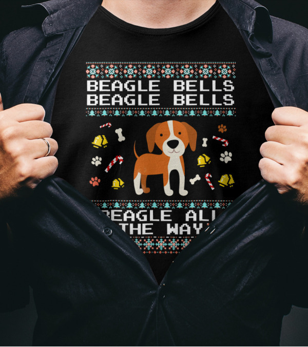 Beagle Bells Beagle All The Way Beagle Bells Candy Canes Bones Paw Prints T-Shirt