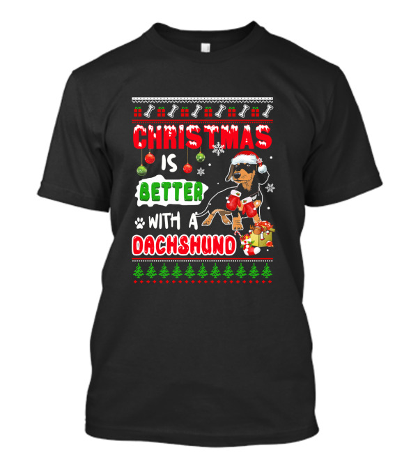 Christmas Is Better With A Dachshund Snowflakes Ornaments Paw Prints Santa Hat Gifts T-Shirt
