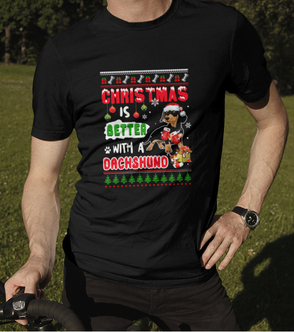 Christmas Is Better With A Dachshund Snowflakes Ornaments Paw Prints Santa Hat Gifts T-Shirt