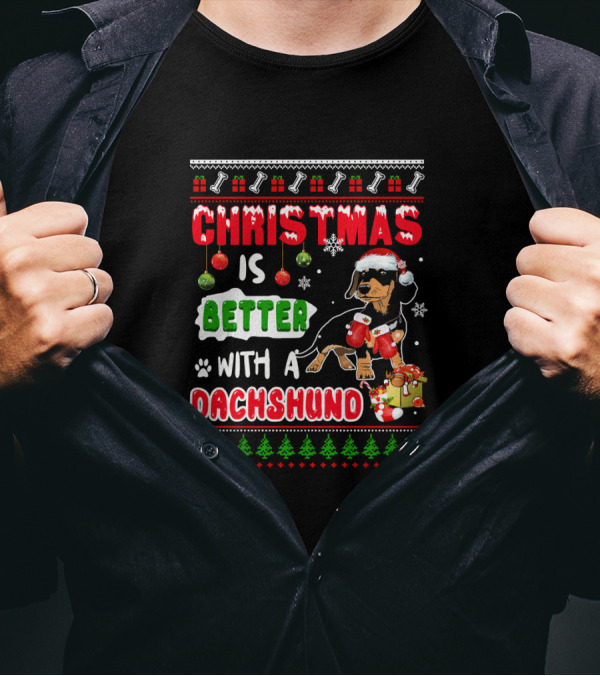 Christmas Is Better With A Dachshund Snowflakes Ornaments Paw Prints Santa Hat Gifts T-Shirt