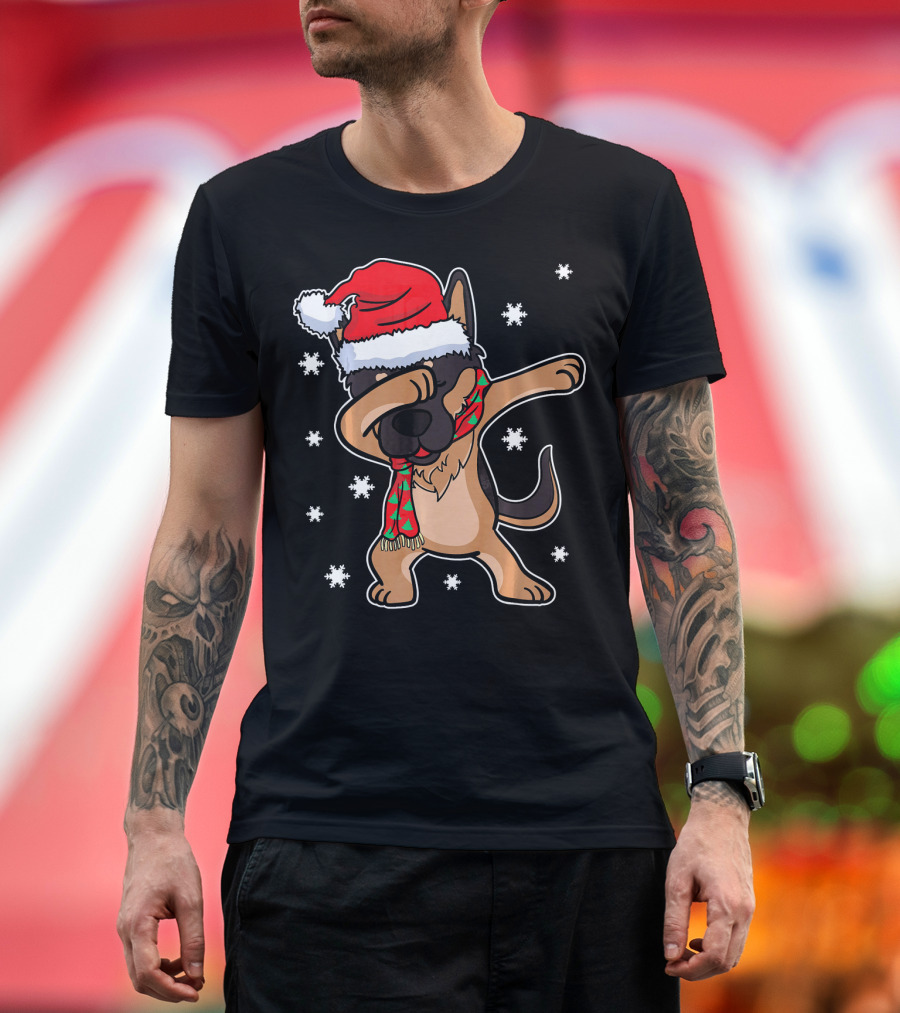 Dabbing Dab German Shepherd Dog Christmas Santa Hat Scarf Snowflakes T-Shirt