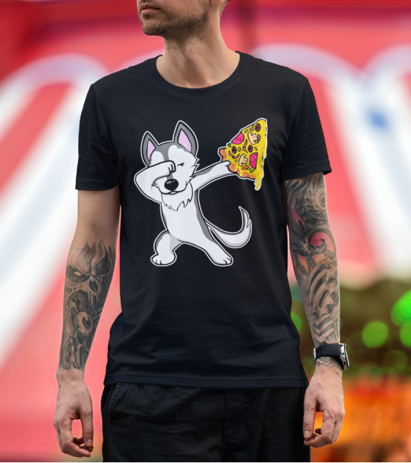 Premium T-Shirt: Dabbing Husky Holding Pizza Slice in Funny Love Pose T-Shirt Dabbing Husky Holding Pizza Slice in Funny Love Pose T-Shirt