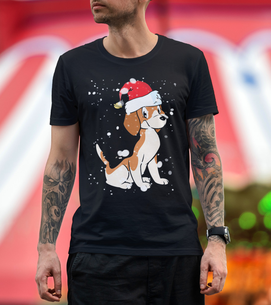 Beagle with Santa Hat in Snowflakes Licking Nose T-Shirt