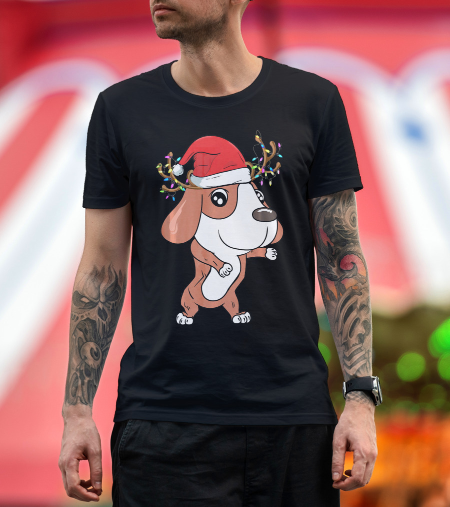 Beagle with Santa Hat and Christmas Lights on Reindeer Antlers T-Shirt