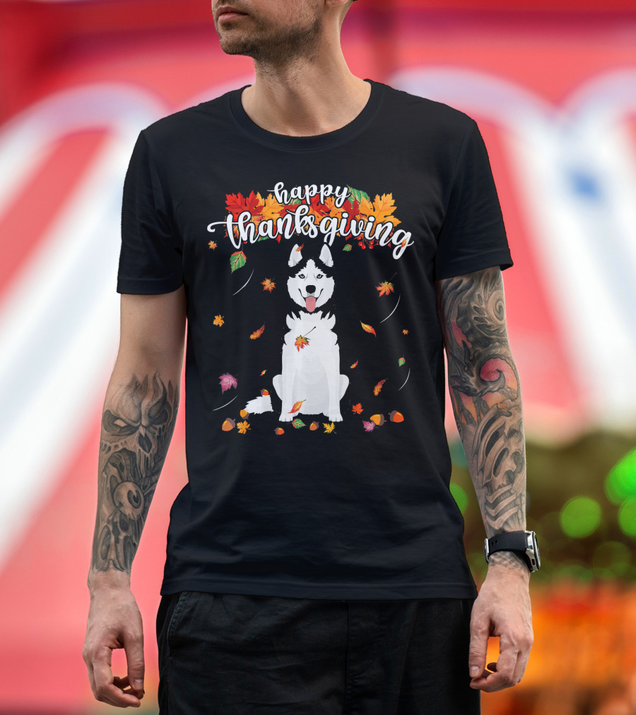 Happy Thanksgiving Cute Siberian Husky Surrounded by Autumn Leaves T-Shirt