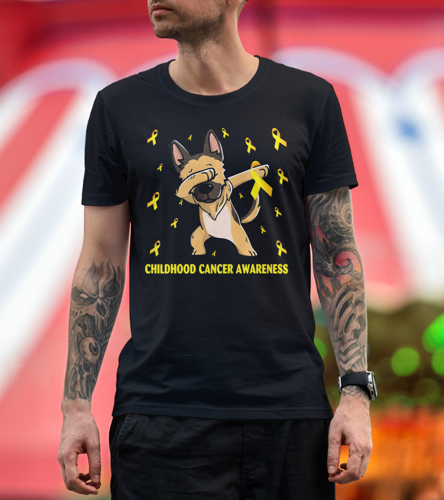 Dabbing German Shepherd Childhood Cancer Awareness Ribbons T-Shirt