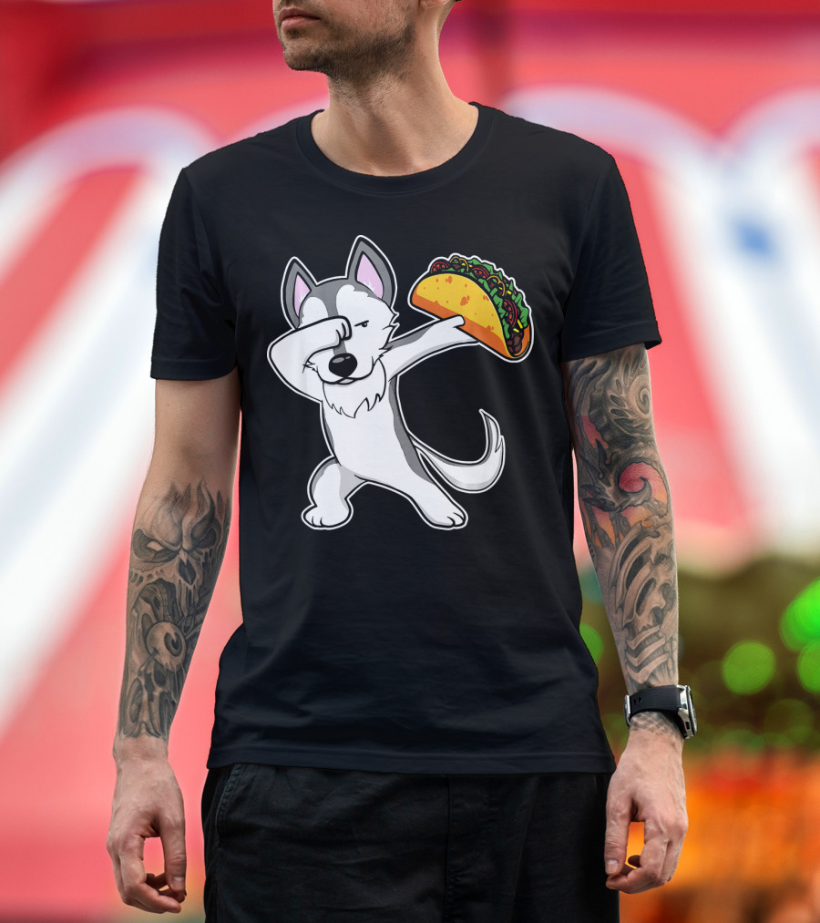 Dabbing Husky Taco Lover with Funny Cartoon T-Shirt