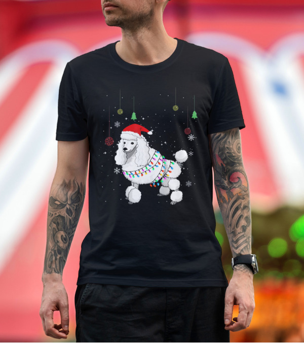Premium T-Shirt: Cute Standard Poodle Christmas Dog with Santa Hat and Holiday Lights T-Shirt Cute Standard Poodle Christmas Dog with Santa Hat and Holiday Lights T-Shirt