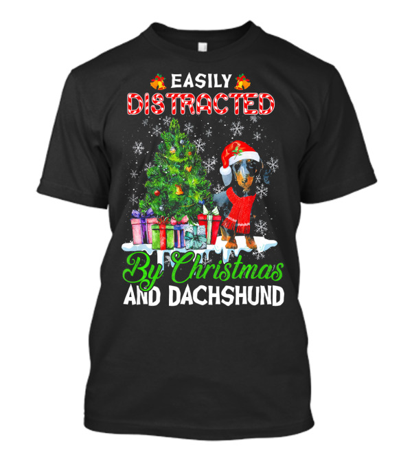 Easily Distracted By Christmas And Dachshund Christmas Tree Snowflakes T-Shirt