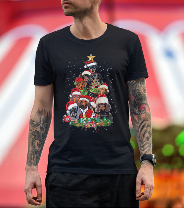 Premium T-Shirt: Dachshund Santa Hat Christmas Tree with Lights and Star T-Shirt Dachshund Santa Hat Christmas Tree with Lights and Star T-Shirt