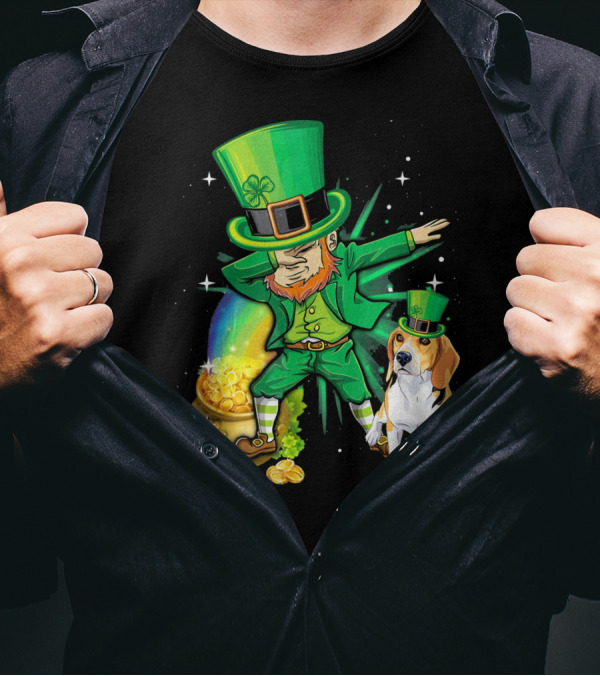 Dabechaun Beagle Leprechaun Green Pot Of Gold Rainbow T-Shirt