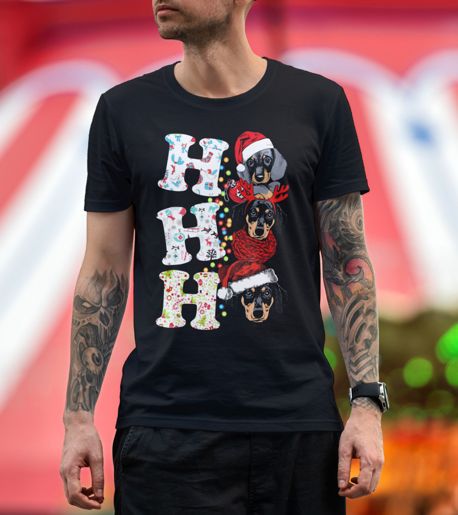 Funny Dachshund Christmas Ho Ho Ho Puppy with Santa Hat and Reindeer Antlers T-Shirt