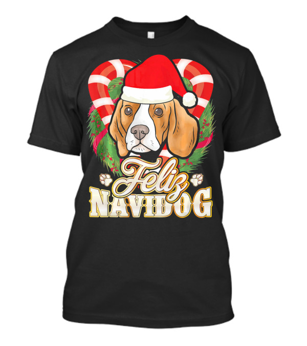Feliz Navidog Beagle With Santa Claus Hat Christmas Candy Cane Wreath T-Shirt