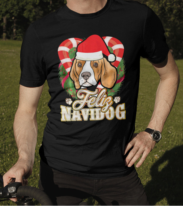 Feliz Navidog Beagle With Santa Claus Hat Christmas Candy Cane Wreath T-Shirt