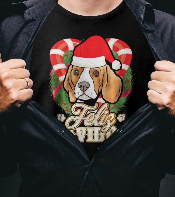 Feliz Navidog Beagle With Santa Claus Hat Christmas Candy Cane Wreath T-Shirt
