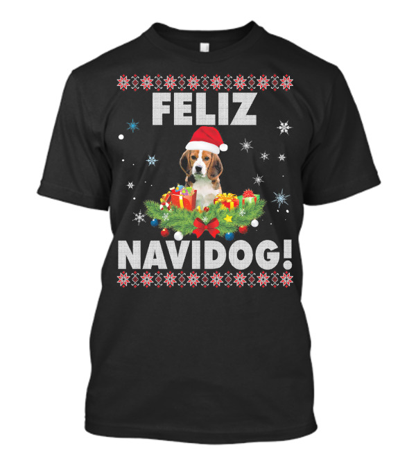 Feliz Navidog Beagle Dog Santa Hat Christmas Wreath Snowflakes T-Shirt