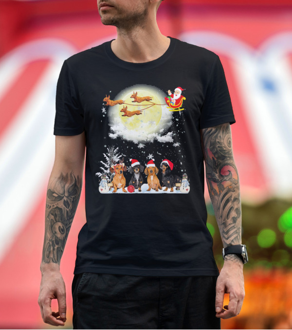 Premium T-Shirt: Santa Sleigh Dachshund Christmas Moon Snowman Fun Nice Dog T-Shirt Santa Sleigh Dachshund Christmas Moon Snowman Fun Nice Dog T-Shirt