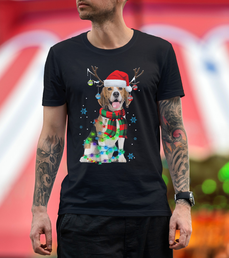 Christmas Beagle with Santa Hat Reindeer Antlers and Ornaments T-Shirt
