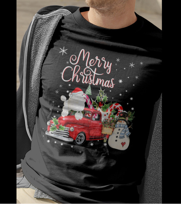 Merry Christmas Poodle And Snowman Ride Red Truck With Candy Canes And Holly T-Shirt