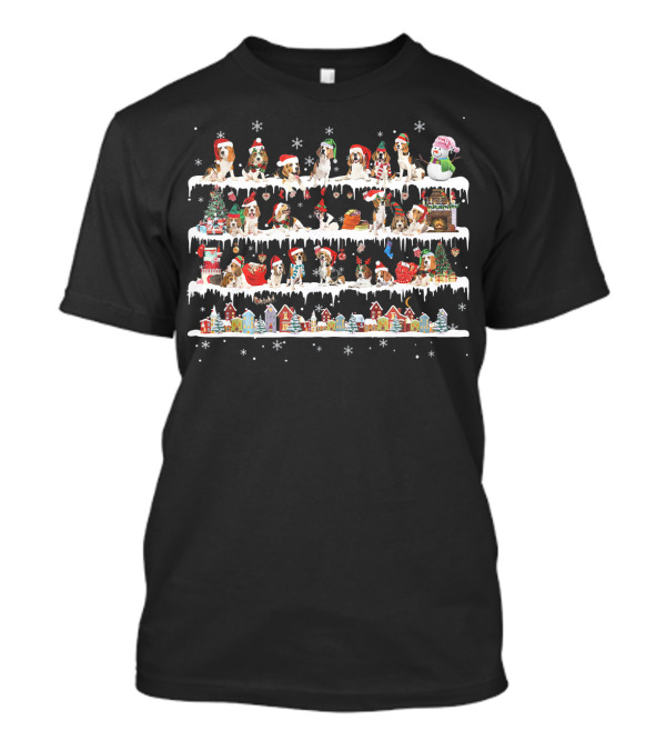 Beagle Christmas Snow Scene With Santa Hats And Snowman T-Shirt