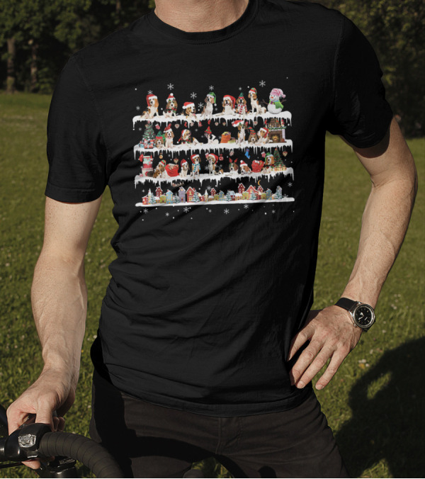 Beagle Christmas Snow Scene With Santa Hats And Snowman T-Shirt