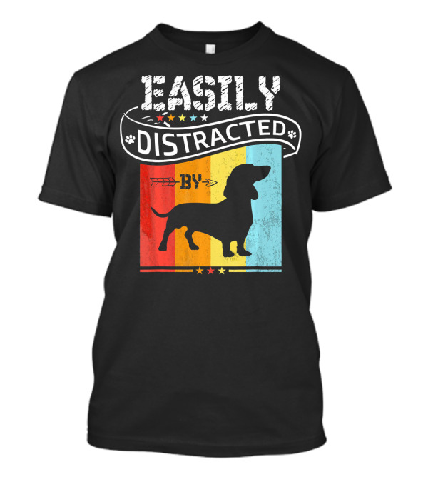 Easily Distracted By Dachshund Dog Retro Silhouette With Arrow And Paw Prints On Colorful Stripes T-Shirt