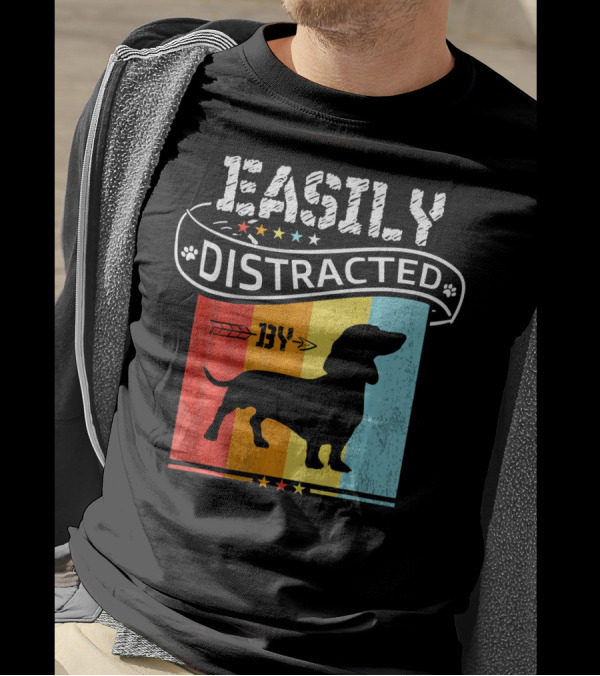 Easily Distracted By Dachshund Dog Retro Silhouette With Arrow And Paw Prints On Colorful Stripes T-Shirt