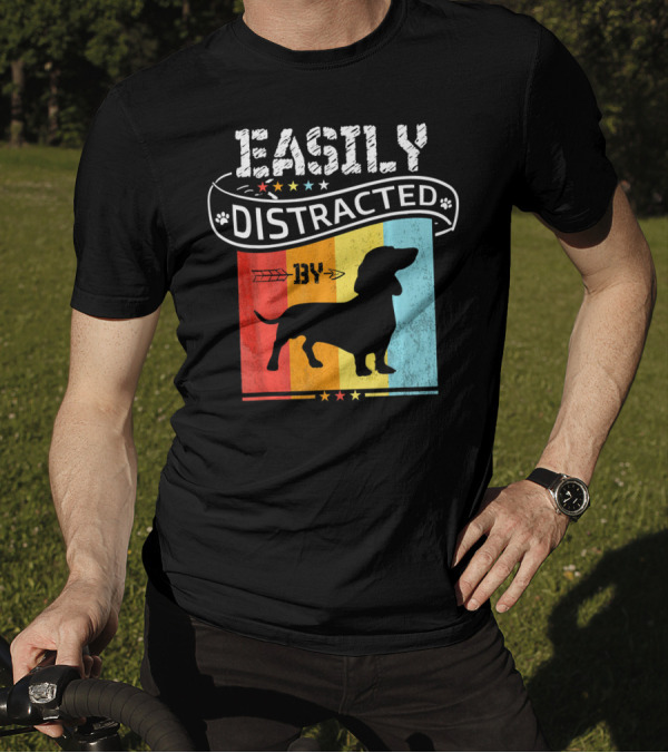 Easily Distracted By Dachshund Dog Retro Silhouette With Arrow And Paw Prints On Colorful Stripes T-Shirt