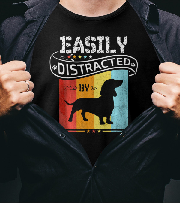 Easily Distracted By Dachshund Dog Retro Silhouette With Arrow And Paw Prints On Colorful Stripes T-Shirt