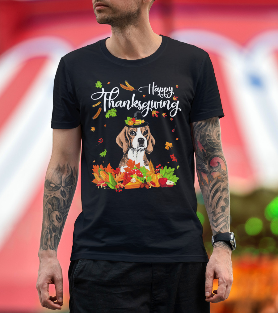 Happy Thanksgiving Funny Beagle Dog Surrounded by Autumn Harvest Leaves T-Shirt