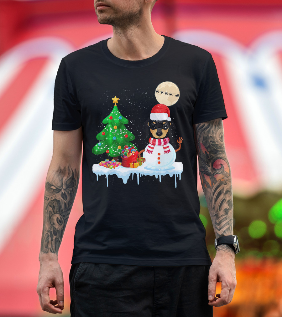 Dachshund Snowman Christmas Tree Santa Hat Full Moon Sleigh T-Shirt