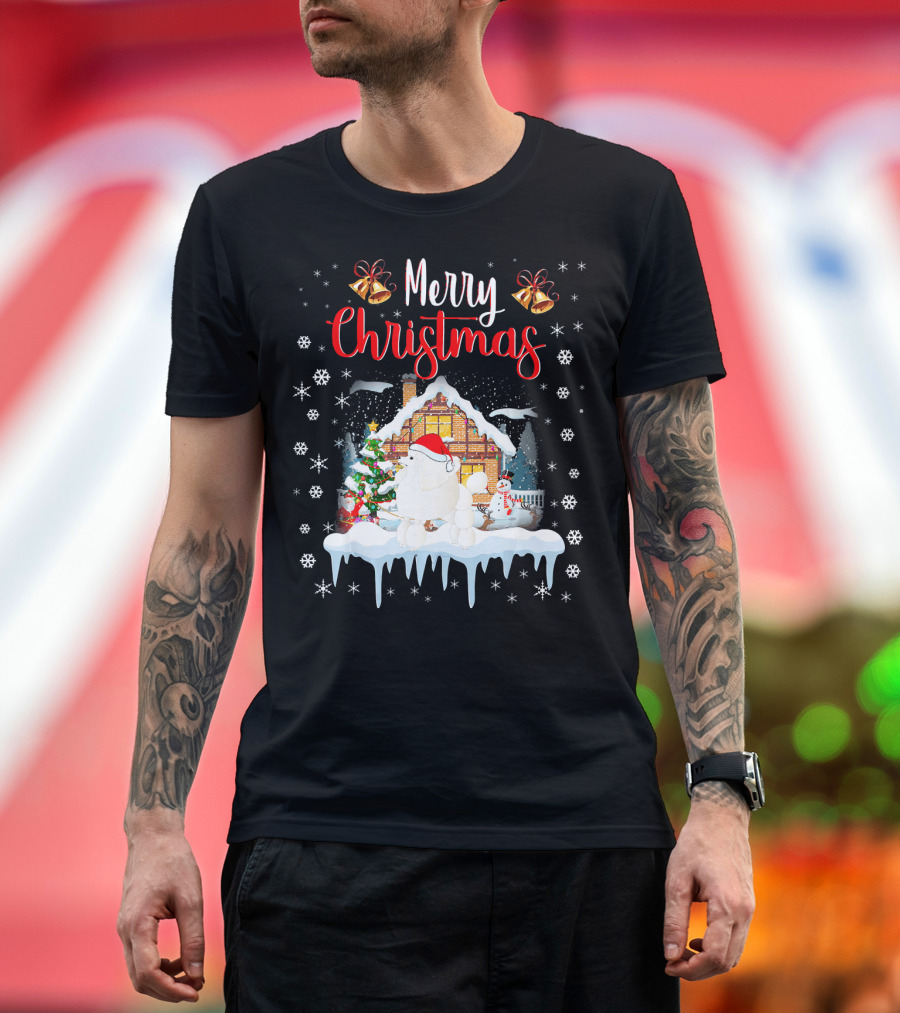 Merry Christmas Funny Poodle Santa Hat Snowy House Scene T-Shirt
