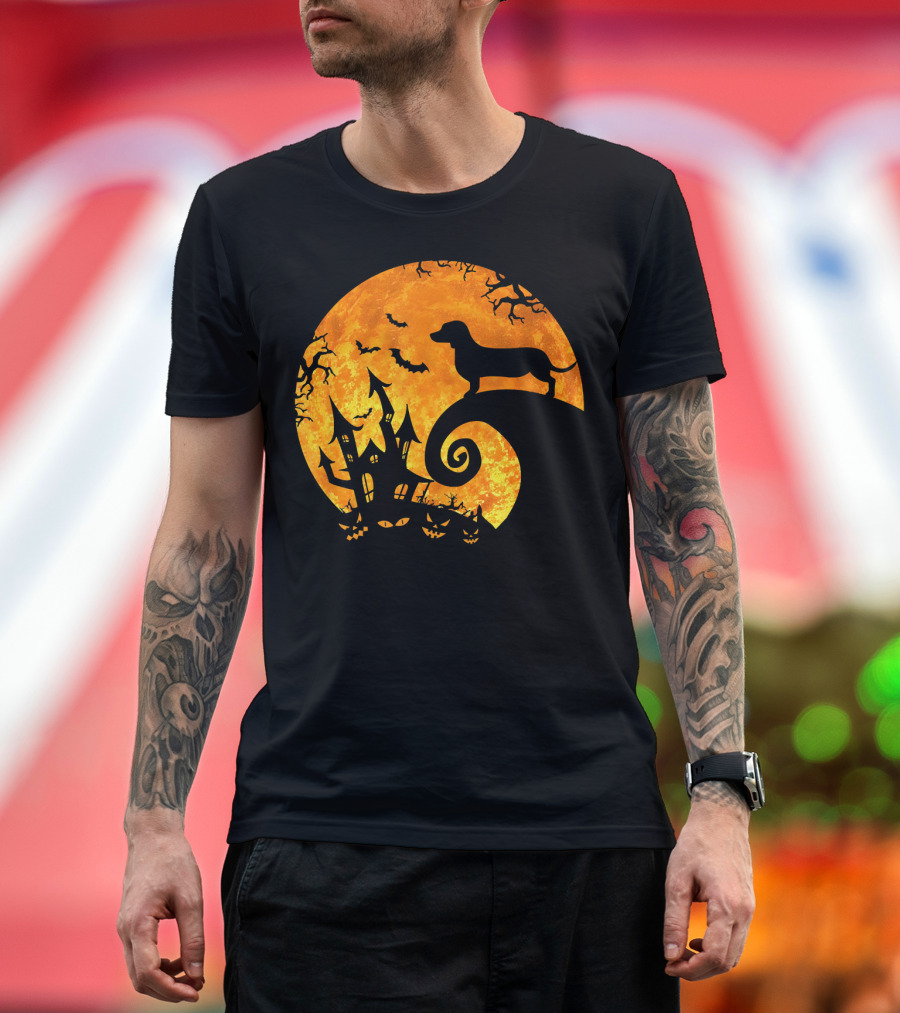 Halloween Full Moon Dachshund Nightmare Scene T-Shirt