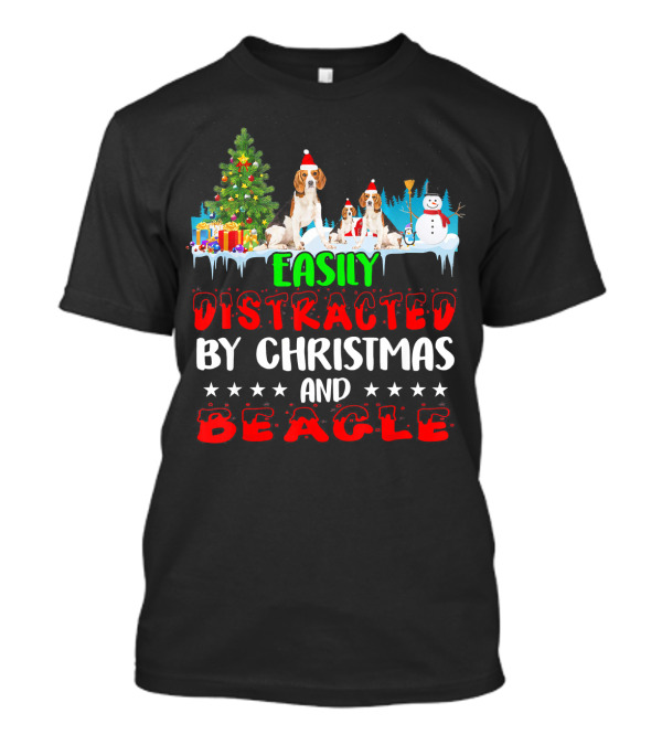 Easily Distracted By Christmas And Beagle With Santa Hats Snowman Gift Boxes T-Shirt