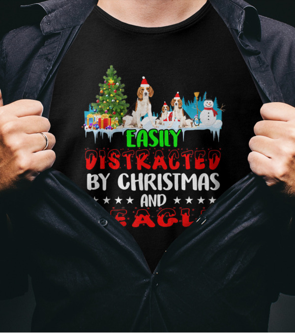 Easily Distracted By Christmas And Beagle With Santa Hats Snowman Gift Boxes T-Shirt