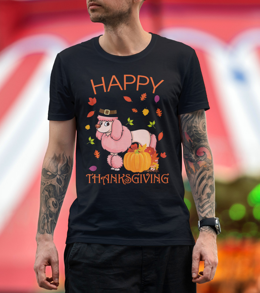 Happy Thanksgiving Poodle with Pumpkins and Fall Leaves T-Shirt