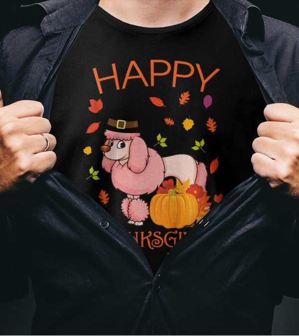 Happy Thanksgiving Poodle With Pumpkins And Fall Leaves T-Shirt