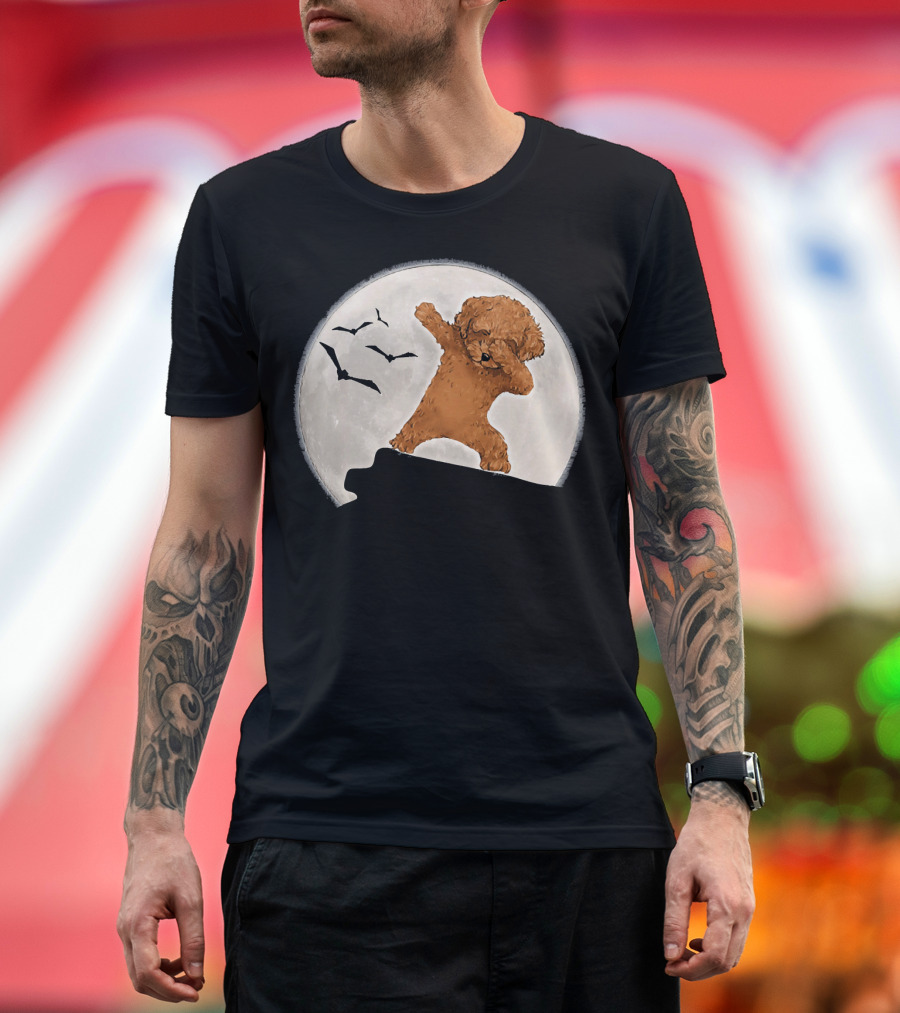 Poodle Dabbing on Rooftop with Full Moon and Bats T-Shirt