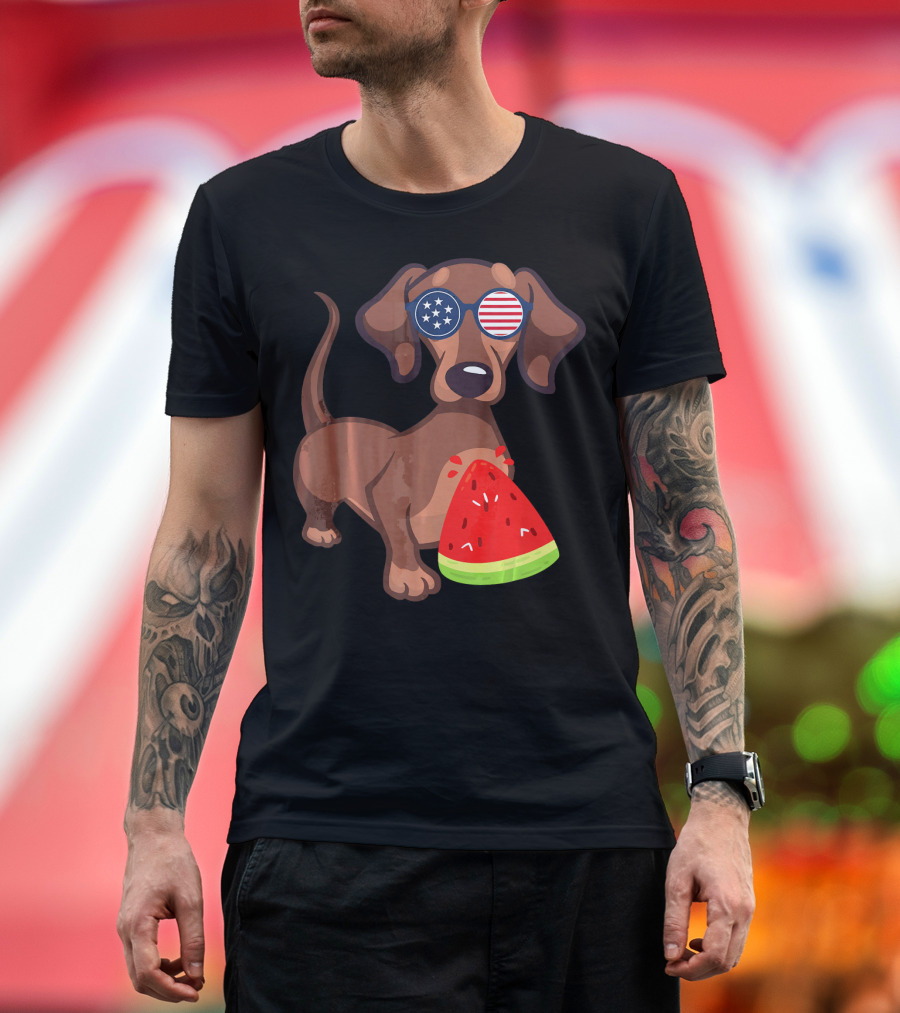 Dachshund With American Flag Sunglasses Eating Watermelon for 4th of July Novelty T-Shirt
