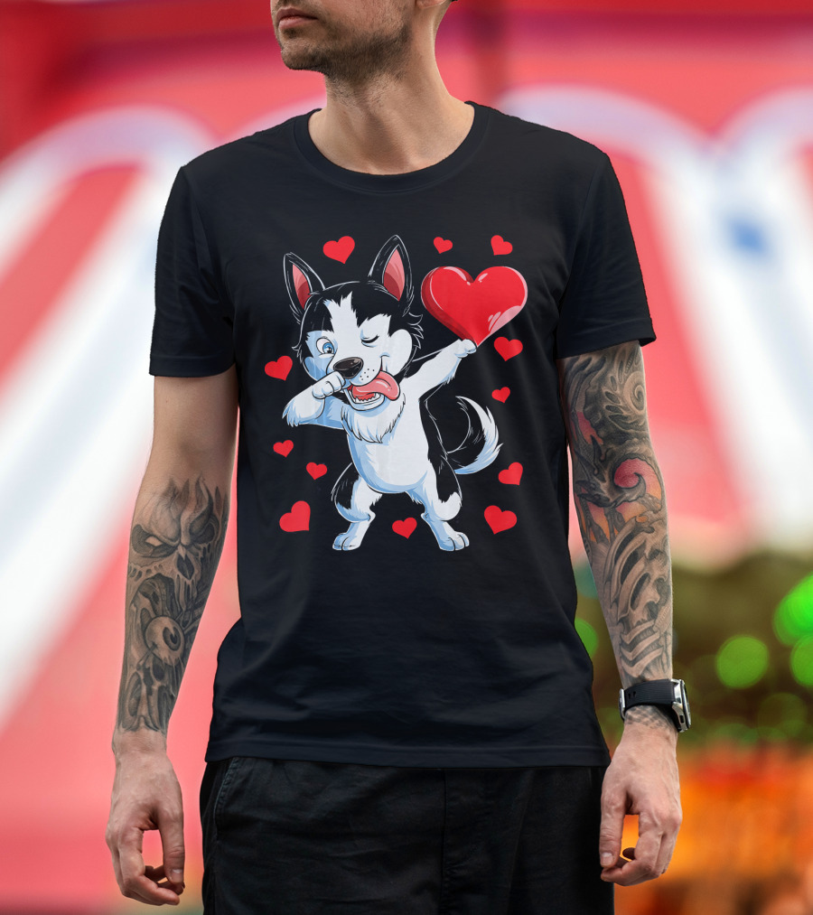 Dabbing Siberian Husky Valentine's Day with Red Hearts T-Shirt