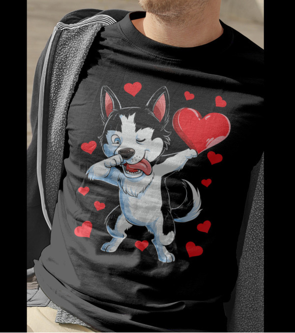 Dabbing Siberian Husky Valentine's Day With Red Hearts T-Shirt